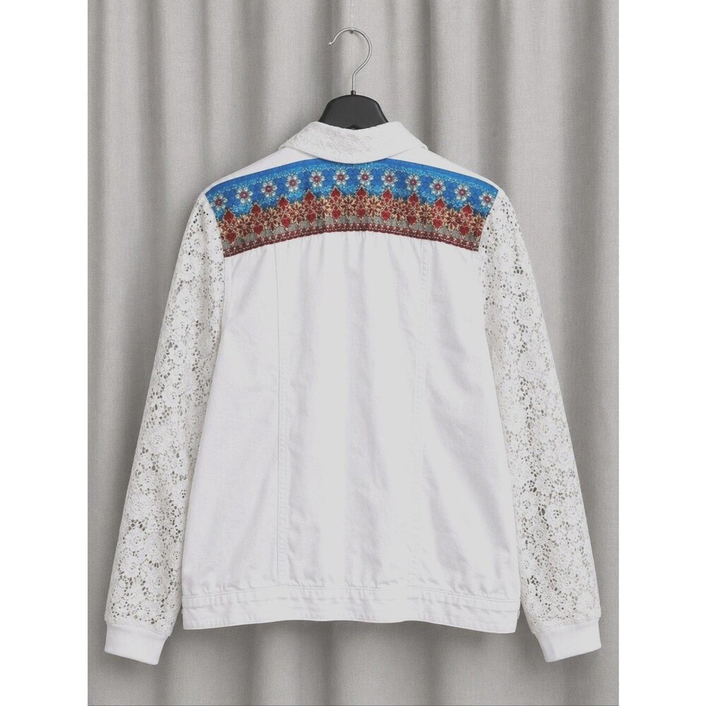 Berek Vintage White Denim Lace Sleeves Sequin Embroidered Boho Chic Jean Jacket - Picture 2 of 13
